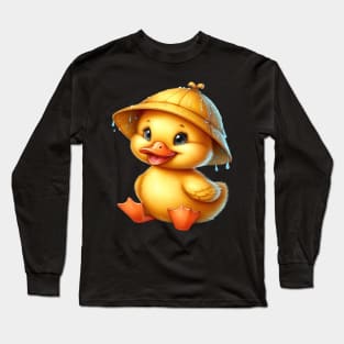 Cute Yellow Duck sitting in the rain wearing a rain hat. Long Sleeve T-Shirt